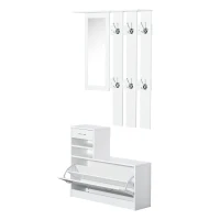 HOMCOM 2PC Shoes Storage Chest Cloths Rack Unit w/Mirror Multiple Shelves Large Storage Capacity Shoes Cabinet 6 Hooks Cloth Rack White(m-1)