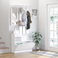 HOMCOM 2PC Shoes Storage Chest Cloths Rack Unit w/Mirror Multiple Shelves Large Storage Capacity Shoes Cabinet 6 Hooks Cloth Rack White(m-12)