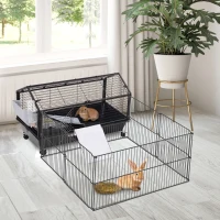 PawHut Metal Rabbit Guinea Pig Hutch Small Animal Cage Run Space Main House Wheels Brakes(m-2)