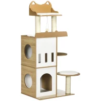 PawHut Albero per Gatti in MDF con Tiragraffi per Gatti, 2 Casette per Gatti, Posatoi e Pallina da Gioco, 60x48x133 cm(m-1)