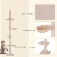 PawHut Floor to Ceiling Cat Tree for Indoor Cats 5-Tier Kitty Tower Climbing Activity Center Scratching Post Adjustable Height 230-260 cm Beige(m-6)