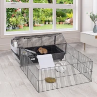 PawHut Metal Rabbit Guinea Pig Hutch Small Animal Cage Run Space Main House Wheels Brakes(m-11)