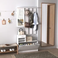 HOMCOM 2PC Shoes Storage Chest Cloths Rack Unit w/Mirror Multiple Shelves Large Storage Capacity Shoes Cabinet 6 Hooks Cloth Rack White(m-11)