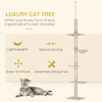 PawHut Floor to Ceiling Cat Tree for Indoor Cats 5-Tier Kitty Tower Climbing Activity Center Scratching Post Adjustable Height 230-260 cm Beige(m-4)