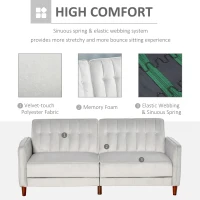 HOMCOM Modern Convertible Sofa Futon Velvet-Touch Tufted Couch Compact Loveseat with Adjustable Split Back, Light Grey(m-6)