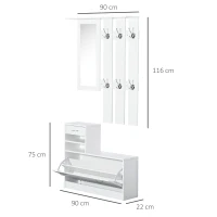 HOMCOM 2PC Shoes Storage Chest Cloths Rack Unit w/Mirror Multiple Shelves Large Storage Capacity Shoes Cabinet 6 Hooks Cloth Rack White(m-3)