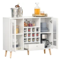 HOMCOM Modern Sideboard Storage Cabinet Kitchen Cupboard Dining Bar Server with Glass Doors, Drawer & 12-Bottle Wine Rack for Living Room, White(m-7)