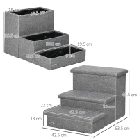 PawHut 3 Steps Pet Stairs, with Storage Boxes, for Bed, Couches - Grey(m-3)