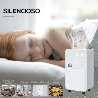 HOMCOM Deshumidificador Eléctrico 2000 ml 12L/Día con 4 Modos 2 Velocidades Pantalla LED Luces Indicadoras Temporizador y Ruedas Silencioso para Hogar 28x20x50,5 cm Blanco(m-6)