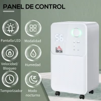 HOMCOM Deshumidificador Eléctrico 2000 ml 12L/Día con 4 Modos 2 Velocidades Pantalla LED Luces Indicadoras Temporizador y Ruedas Silencioso para Hogar 28x20x50,5 cm Blanco(m-7)