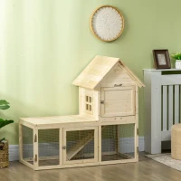 PawHut Conigliera per Interno in Legno d'Abete con Vassoio Estraibile, 3 Porte e Area Esterna, 151.5x106x97 cm(m-8)