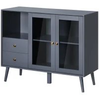 HOMCOM Armadietto Due Ante in Vetro con 2 Cassetti, Spazio Aperto e Piano d'Appoggio, 95.5x40x78 cm, Grigio(m-10)