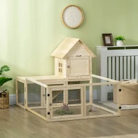 PawHut Conigliera per Interno in Legno d'Abete con Vassoio Estraibile, 3 Porte e Area Esterna, 151.5x106x97 cm(m-2)