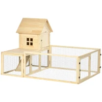 PawHut Conigliera per Interno in Legno d'Abete con Vassoio Estraibile, 3 Porte e Area Esterna, 151.5x106x97 cm(m-11)