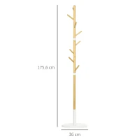 HOMCOM Cabide de Pé de Bambu Moderno com 8 Ganchos para Roupas Bolsas Ø37,8x175,6 cm Madeira e Branco(m-3)