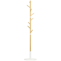 HOMCOM Cabide de Pé de Bambu Moderno com 8 Ganchos para Roupas Bolsas Ø37,8x175,6 cm Madeira e Branco