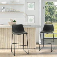HOMCOM Conjunto de 2 Bancos Altos de Cozinha Estofado em PU com Encosto Pés de Aço e Apoio para os Pés 47x54x99cm Cinza Escuro(m-2)
