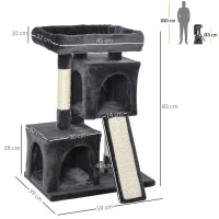 PawHut Ansamblu pentru pisici cu stalpi din sisal, pat si 2 Casute cu invelis de plus, 59x39x83cm, Negru(m-3)