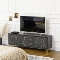 HOMCOM Mobilier pentru televizor pana la 65" cu dulapuri cu usi cu amortizare, efect de marmura si picioare din metal, 147x35x52cm, Negru(m-10)