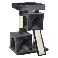 PawHut Ansamblu pentru pisici cu stalpi din sisal, pat si 2 Casute cu invelis de plus, 59x39x83cm, Negru(m-1)