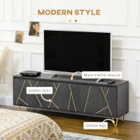 HOMCOM Mobilier pentru televizor pana la 65" cu dulapuri cu usi cu amortizare, efect de marmura si picioare din metal, 147x35x52cm, Negru(m-4)