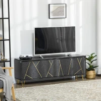 HOMCOM Mobilier pentru televizor pana la 65" cu dulapuri cu usi cu amortizare, efect de marmura si picioare din metal, 147x35x52cm, Negru(m-2)