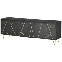 HOMCOM Mobilier pentru televizor pana la 65" cu dulapuri cu usi cu amortizare, efect de marmura si picioare din metal, 147x35x52cm, Negru(m-11)