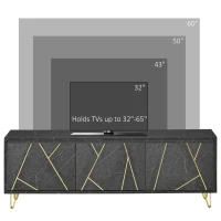 HOMCOM Mobilier pentru televizor pana la 65" cu dulapuri cu usi cu amortizare, efect de marmura si picioare din metal, 147x35x52cm, Negru(m-7)