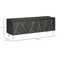 HOMCOM Mobilier pentru televizor pana la 65" cu dulapuri cu usi cu amortizare, efect de marmura si picioare din metal, 147x35x52cm, Negru(m-3)