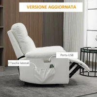 HOMCOM Poltrona Relax Massaggiante Reclinabile fino a 150° con 8 Punti e Tasche Laterali, Telecomando e Porta USB Inclusa, in Microfibra e Acciaio, 80x96x97cm, Bianca(m-7)