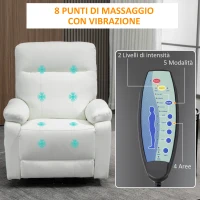 HOMCOM Poltrona Relax Massaggiante Reclinabile fino a 150° con 8 Punti e Tasche Laterali, Telecomando e Porta USB Inclusa, in Microfibra e Acciaio, 80x96x97cm, Bianca(m-6)