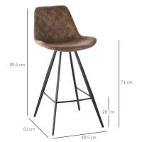 HOMCOM Set Of 2 Bar Stools Vintage Microfiber Cloth Tub Seats Padded Comfortable Steel Frame Footrest Quilted Home Bar Cafe Kitchen Chair Stylish Brown(m-3)