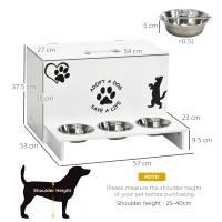 PawHut Set 3 Ciotole per Cani da 500ml con Spazio a Scomparsa e Supporto in MDF e Acciaio Inox, 57x53x37.5 cm, Bianco(m-3)
