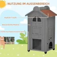 PawHut® kattenhuis kattenhut kattenvilla met 2 verdiepingen en asfaltdak massief hout grijs 59 x 55 x 109 cm | Aosom.de(m-4)