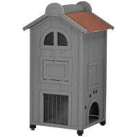 PawHut® kattenhuis kattenhut kattenvilla met 2 verdiepingen en asfaltdak massief hout grijs 59 x 55 x 109 cm | Aosom.de(m-11)