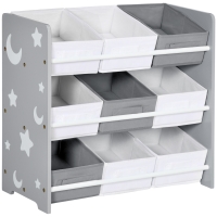 ZONEKIZ Mobiletto Portagiochi con 9 Cestini Rimovibili in MDF e Tessuto, 63x30x60cm, Grigio e Bianco