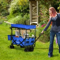 Outsunny Folding Trolley Cart Storage Wagon Beach Trailer 4 Wheels with Handle Overhead Canopy Cart Push Pull for Camping, Blue(m-10)