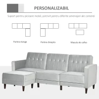 HOMCOM Canapea extensibila  cu 3 locuri cu taburet si spatar inclinabil, tapiterie din catifea si scaun captusit, 218x85x86 cm, gri deschis(m-5)