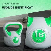 SPORTNOW Kettlebell 16kg din PU cu nisip si baza plata, maner practic 26x18x32 cm, Verde(m-5)