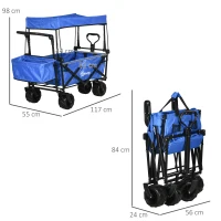Outsunny Folding Trolley Cart Storage Wagon Beach Trailer 4 Wheels with Handle Overhead Canopy Cart Push Pull for Camping, Blue(m-3)