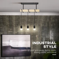 HOMCOM Lustra suspendata in stil industrial cu 3 becuri, candelabru vintage din lemn si metal, Plafoniera suspendata 50x8x33cm, negru(m-4)