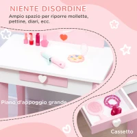 ZONEKIZ Set Tavolo Trucco con Sgabello, Specchio e Cassetto in MDF per Bimbi 3-6 Anni, Bianco e Rosa(m-5)