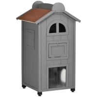 PawHut® kattenhuis kattenhut kattenvilla met 2 verdiepingen en asfaltdak massief hout grijs 59 x 55 x 109 cm | Aosom.de