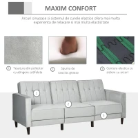 HOMCOM Canapea extensibila  cu 3 locuri cu taburet si spatar inclinabil, tapiterie din catifea si scaun captusit, 218x85x86 cm, gri deschis(m-7)