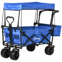 Outsunny Folding Trolley Cart Storage Wagon Beach Trailer 4 Wheels with Handle Overhead Canopy Cart Push Pull for Camping, Blue(m-1)