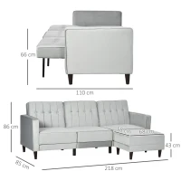 HOMCOM Canapea extensibila  cu 3 locuri cu taburet si spatar inclinabil, tapiterie din catifea si scaun captusit, 218x85x86 cm, gri deschis(m-3)