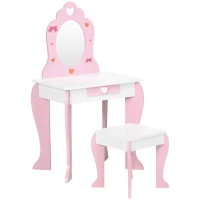 ZONEKIZ Set Tavolo Trucco con Sgabello, Specchio e Cassetto in MDF per Bimbi 3-6 Anni, Bianco e Rosa(m-1)