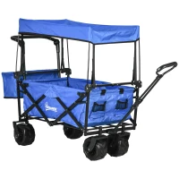 Outsunny Folding Trolley Cart Storage Wagon Beach Trailer 4 Wheels with Handle Overhead Canopy Cart Push Pull for Camping, Blue(m-11)