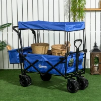 Outsunny Folding Trolley Cart Storage Wagon Beach Trailer 4 Wheels with Handle Overhead Canopy Cart Push Pull for Camping, Blue(m-2)