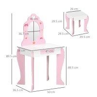 ZONEKIZ Set de Masa de Machiaj cu Scaun si Oglinda si Sertar, din Lemn MDF, pentru Copii de 3-6 Ani, Alb si Roz(m-3)
